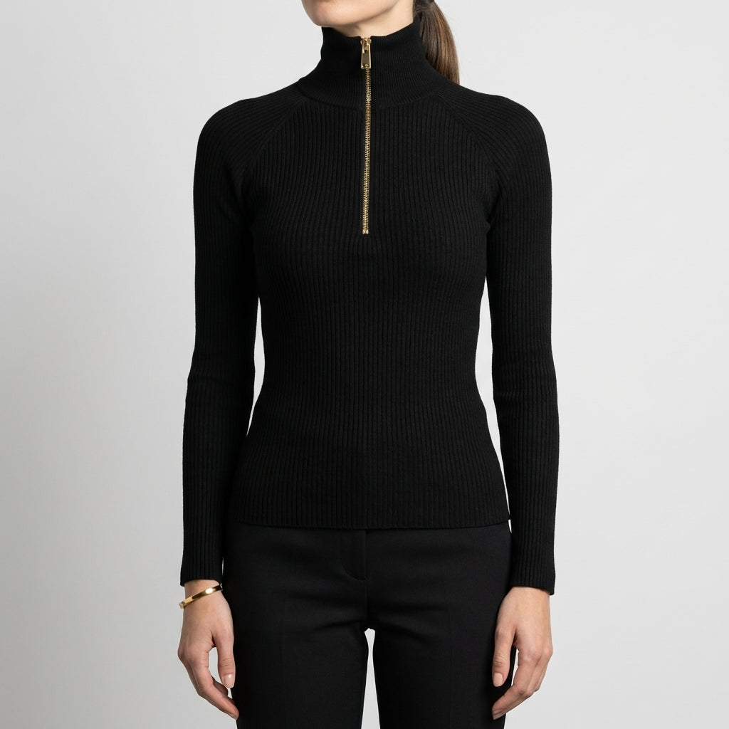 Quarter-Zip Ribbed Turtleneck Top for Women – Flattering Slim Fit