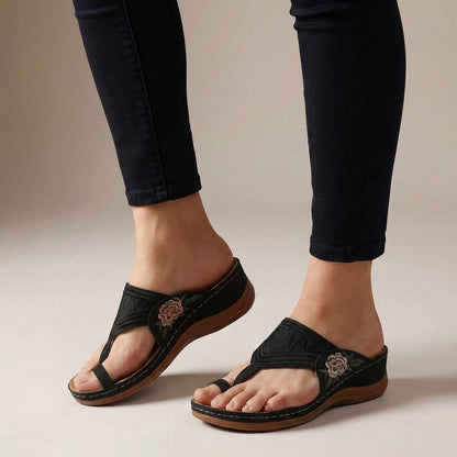 Embroidered Floral Thong Wedge Sandals For Women – Orthopedic Comfort & Support
