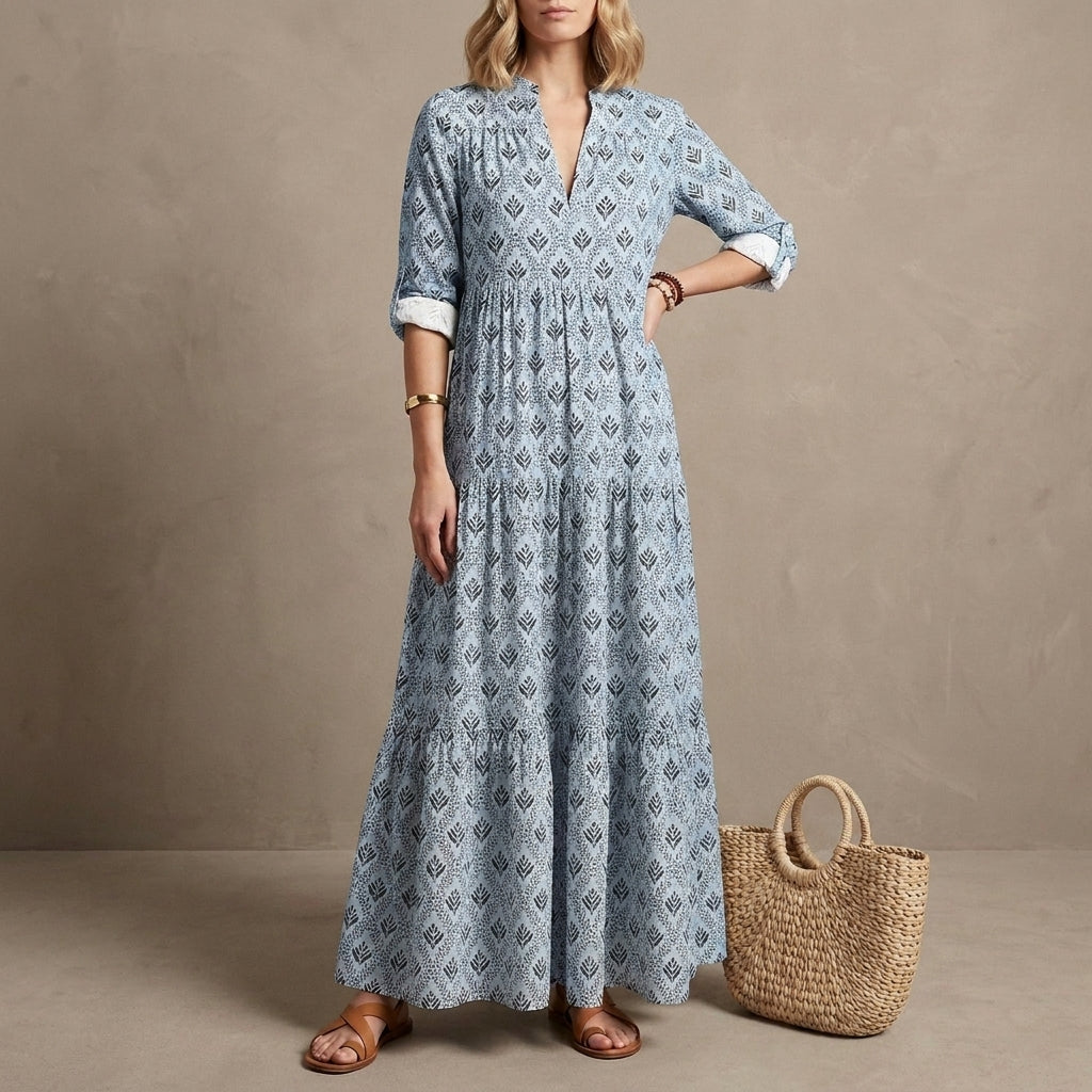 Abstract Print Tiered Maxi Dress for Women – Flattering & Comfortable