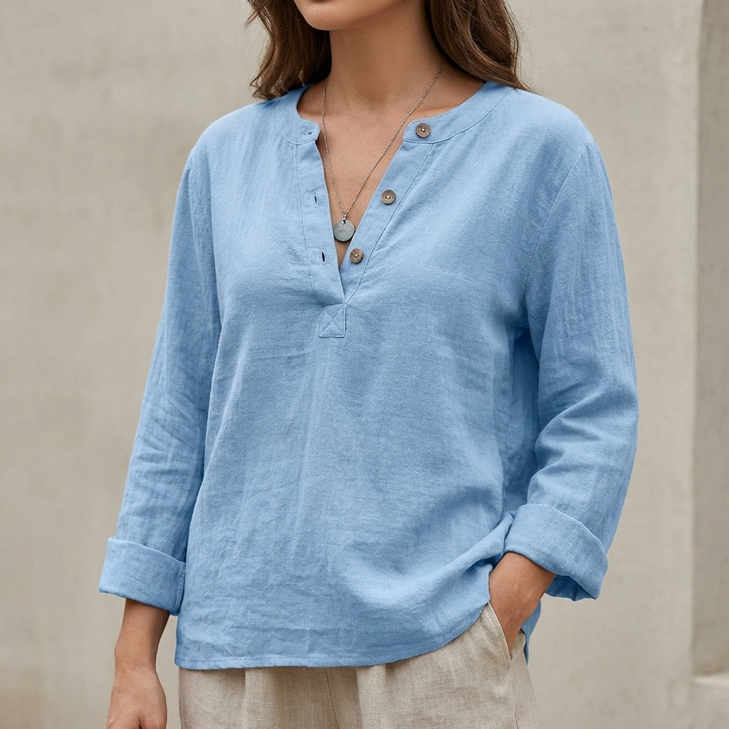 V-Neck Long Sleeve Henley Shirt for Women – Breathable Comfort & Style