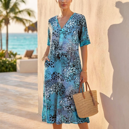Printed V-Neck Dress for Women – Breezy Comfort & Pockets