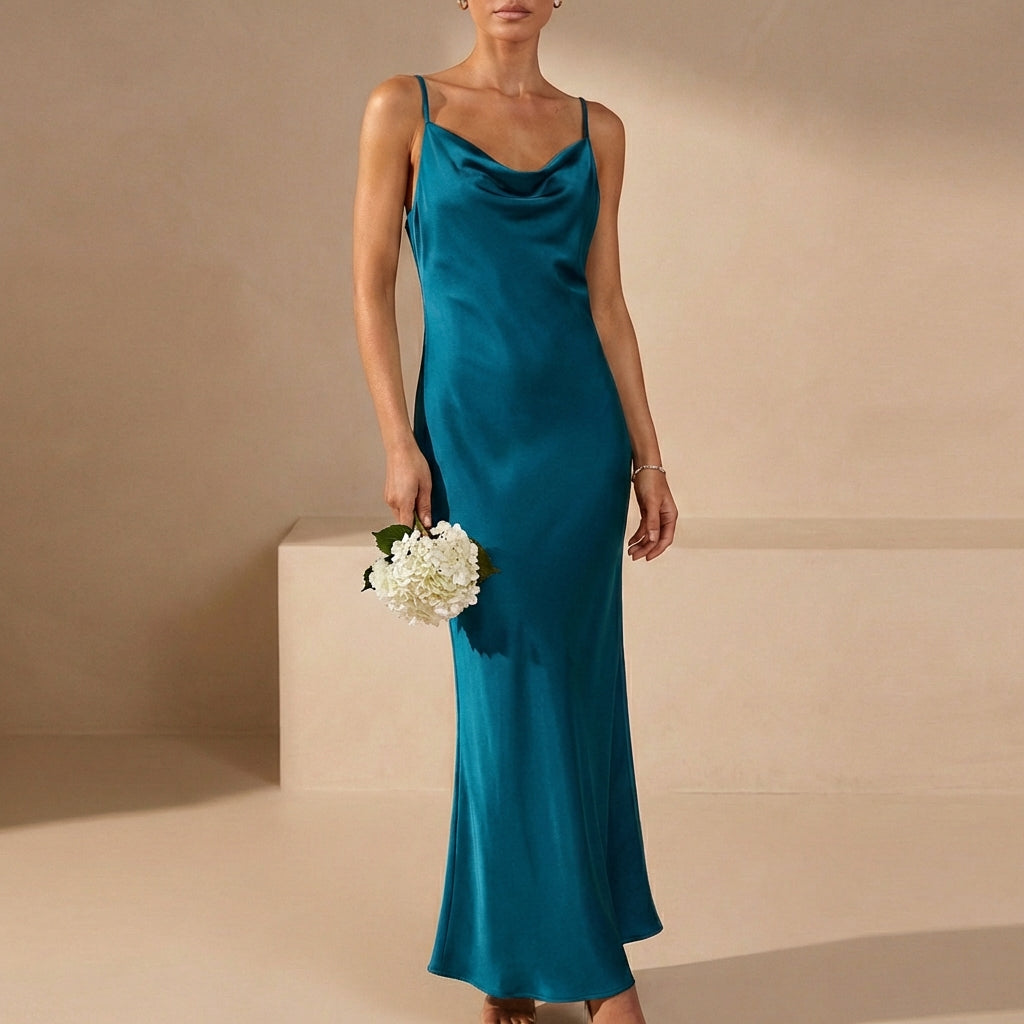 Spaghetti Strap Cowl Neck Maxi Dress for Women – Elegant Evening Style