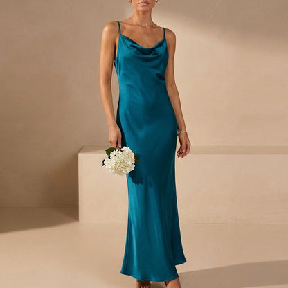 Spaghetti Strap Cowl Neck Maxi Dress for Women – Elegant Evening Style