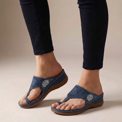 Embroidered Floral Thong Wedge Sandals For Women – Orthopedic Comfort & Support