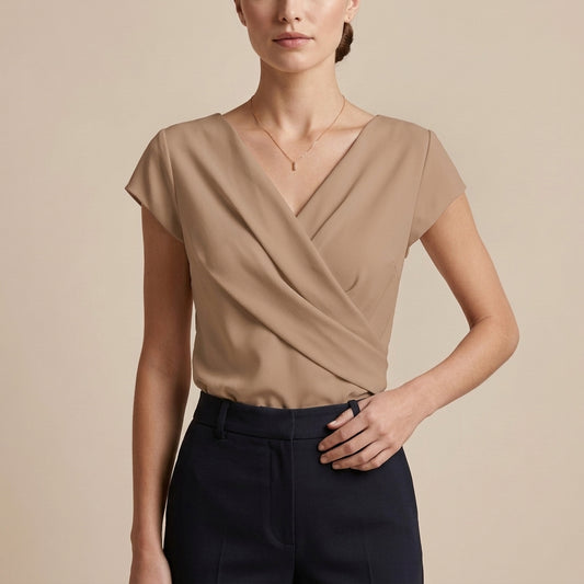 Short Sleeve V-Neck Wrap Top for Women – Versatile Draped Style
