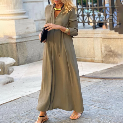 Women's Maxi Dress - Long and Loose Fit - V-neck - Long Sleeves - Elegant and Comfortable