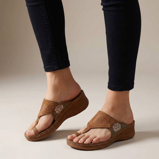 Embroidered Floral Thong Wedge Sandals For Women – Orthopedic Comfort & Support