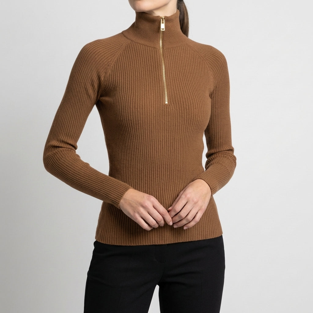 Quarter-Zip Ribbed Turtleneck Top for Women – Flattering Slim Fit