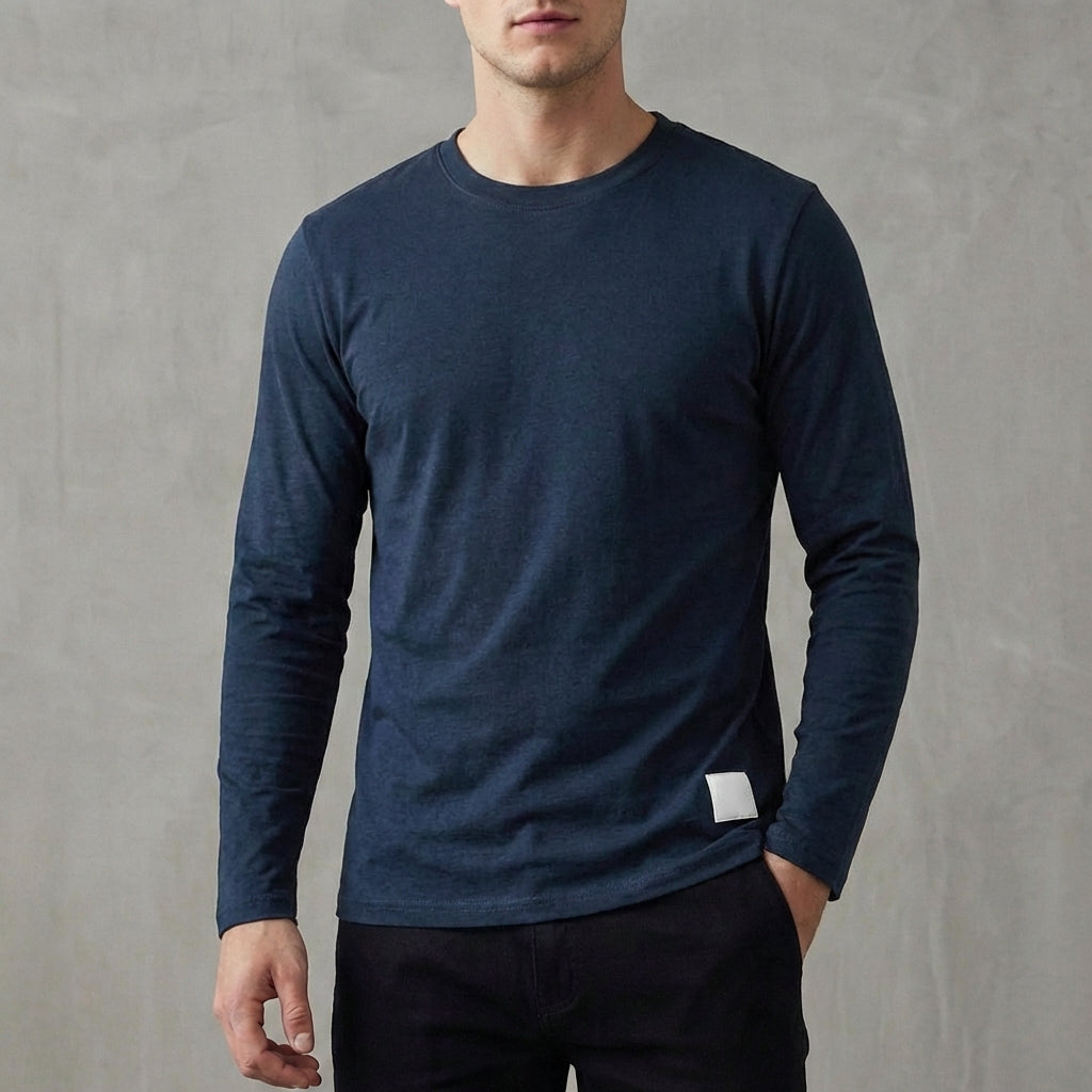 Ruched-Sleeve Crewneck Long-Sleeve T-Shirt for Men – Casual Style & Comfort