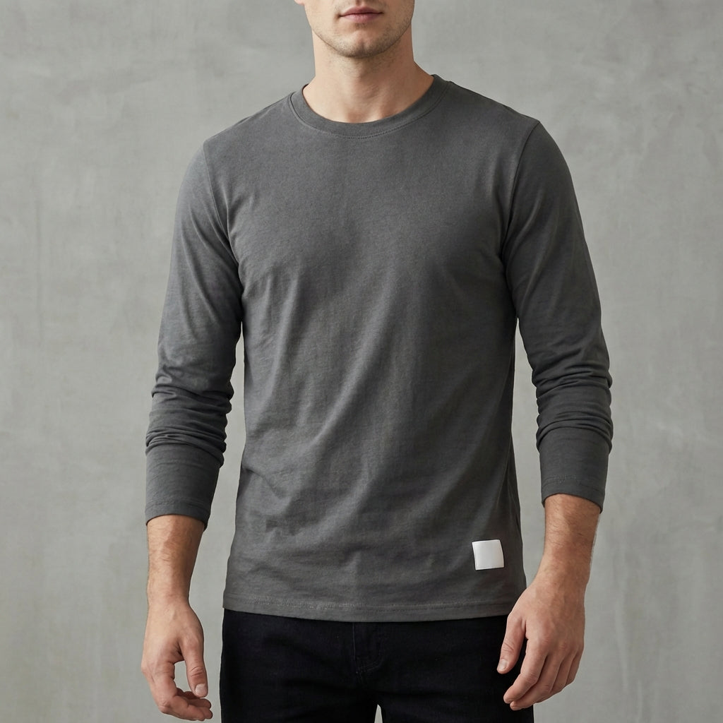 Ruched-Sleeve Crewneck Long-Sleeve T-Shirt for Men – Casual Style & Comfort