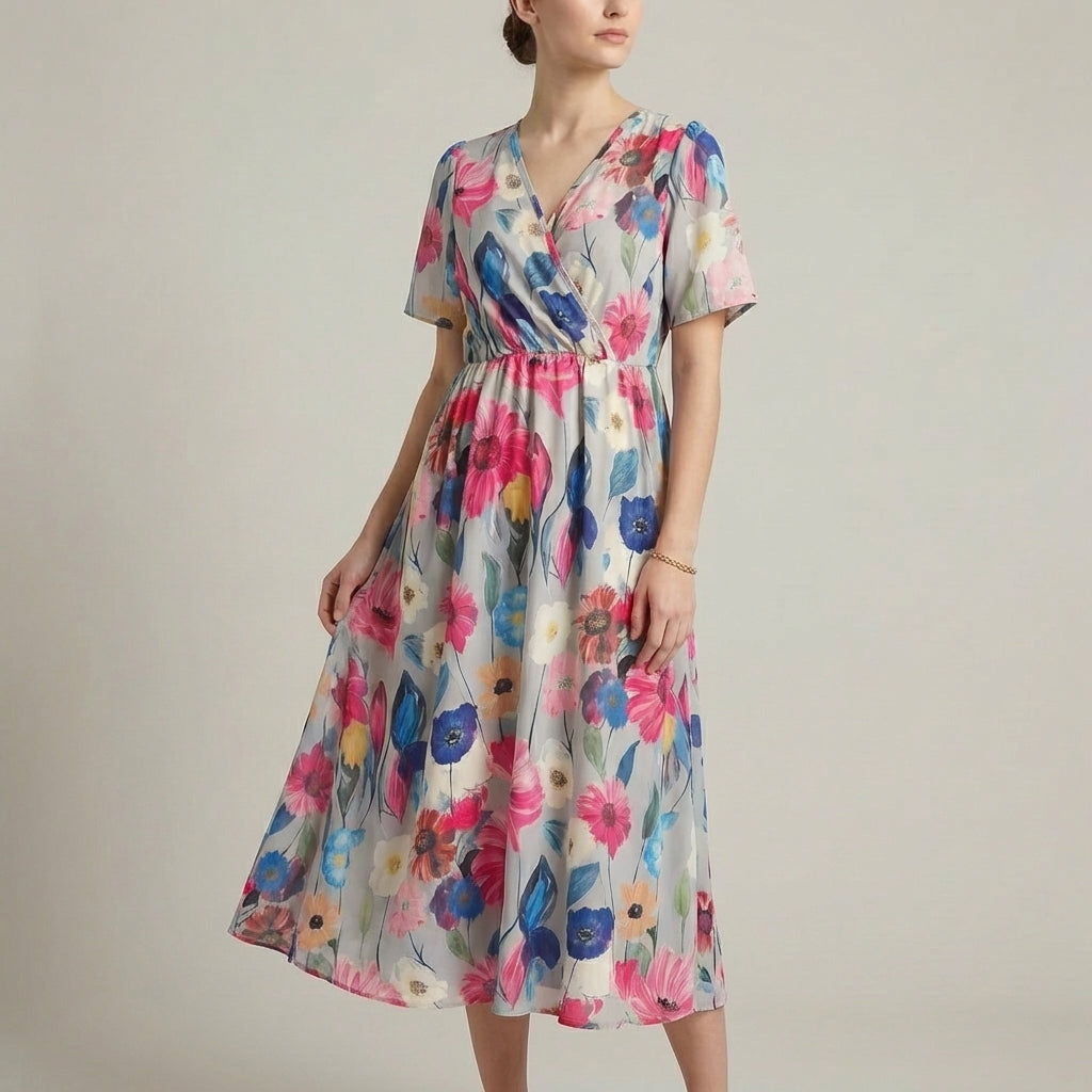 Floral Wrap Midi Dress for Women – Tie-Back A-Line Silhouette