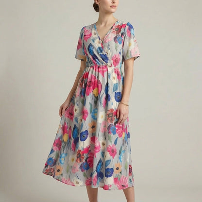 Floral Wrap Midi Dress for Women – Tie-Back A-Line Silhouette