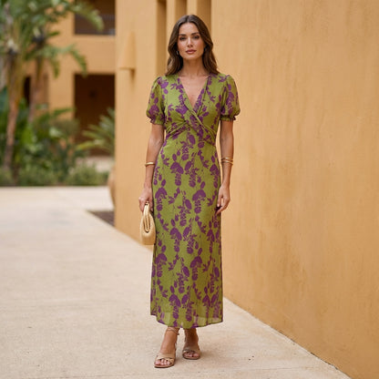 Leaf Print Pleated Midi Dress for Women – Flattering Daytime Style