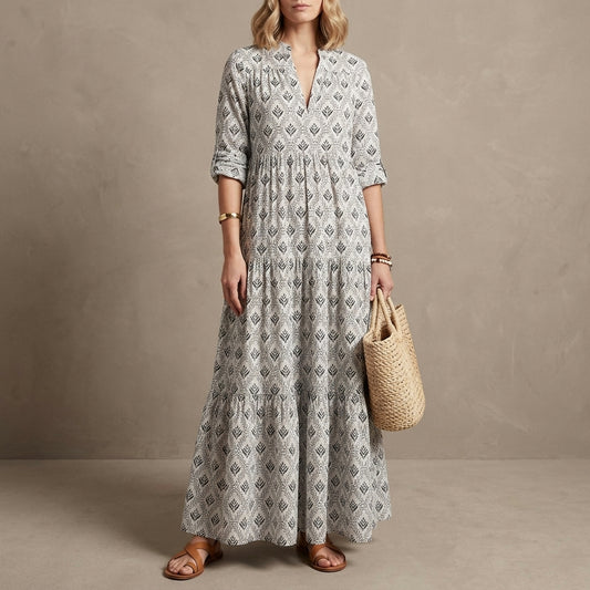Abstract Print Tiered Maxi Dress for Women – Flattering & Comfortable