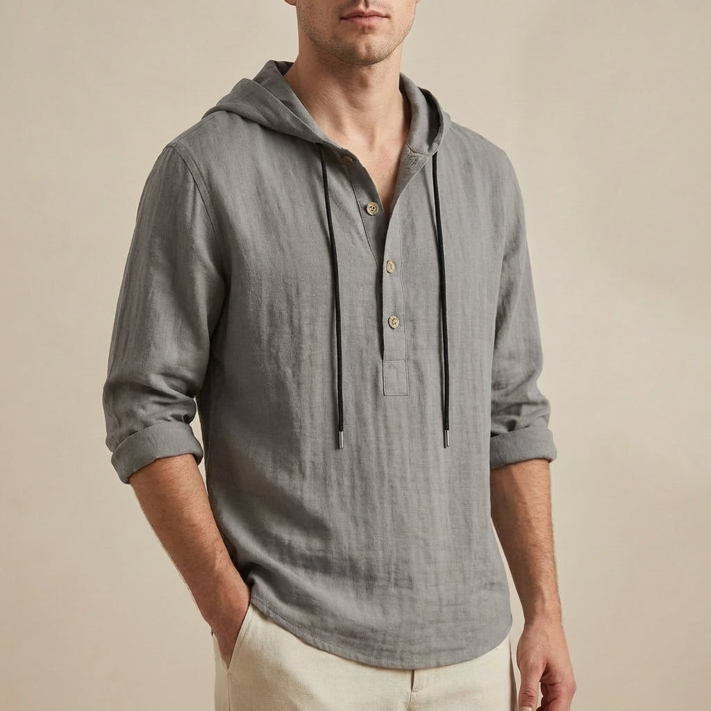 Loose Fit Hooded Henley Shirt for Men – Breathable & Comfortable