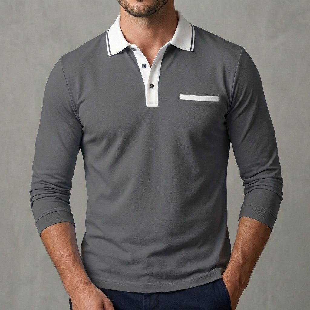 Striped Collar Three-Quarter Sleeve Polo Shirt for Men – Classic Style & Comfort