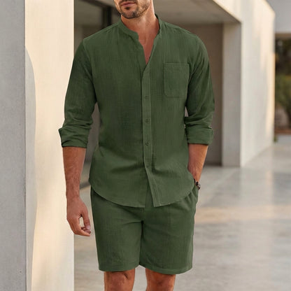 Men’s Casual Button-Up Shirt and Shorts Set – Relaxed & Modern