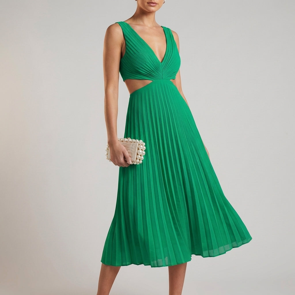 Cutout Pleated Midi Dress for Women – Elegant Party Style
