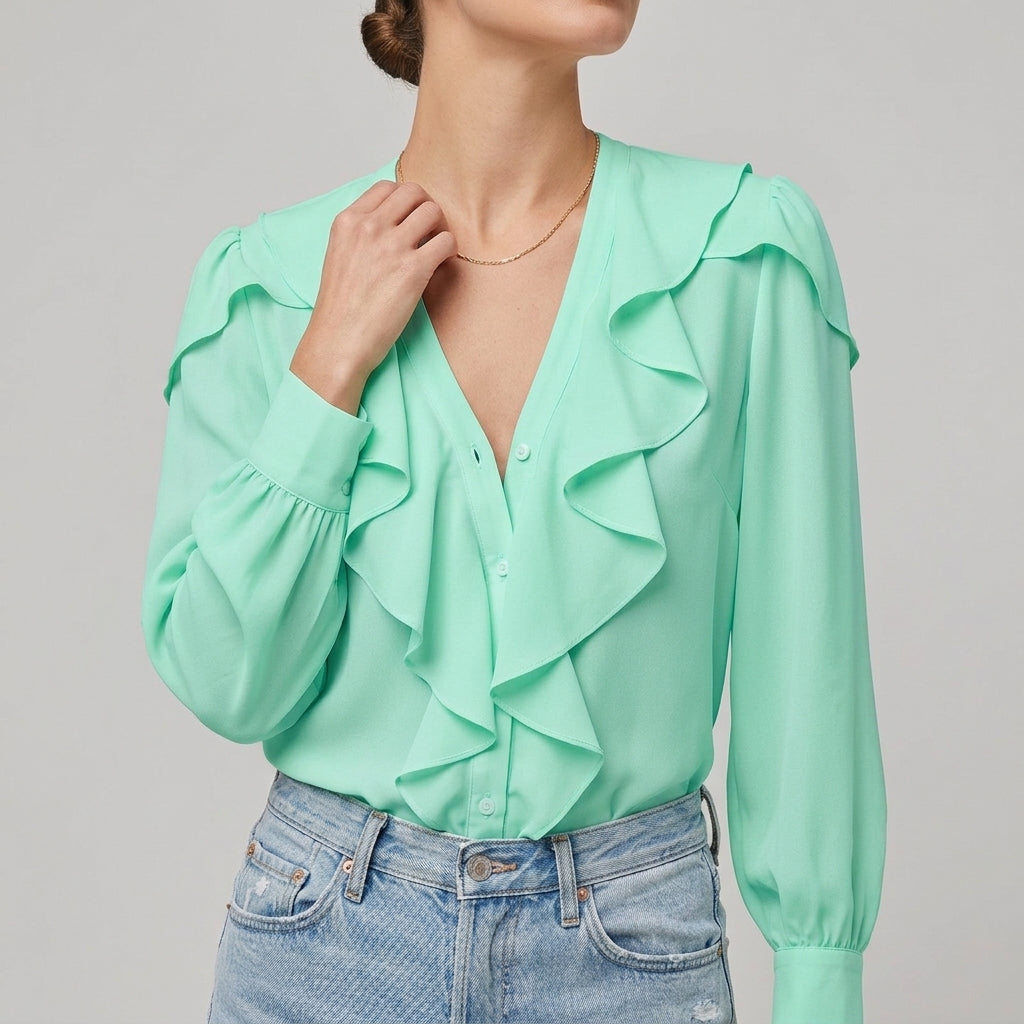 Ruffled V-Neck Blouse for Women – Versatile Style & Comfortable Fit
