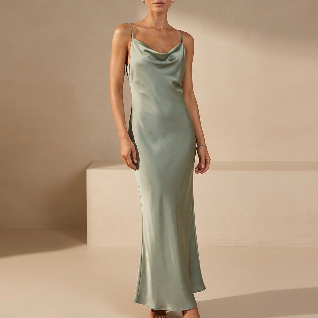 Spaghetti Strap Cowl Neck Maxi Dress for Women – Elegant Evening Style