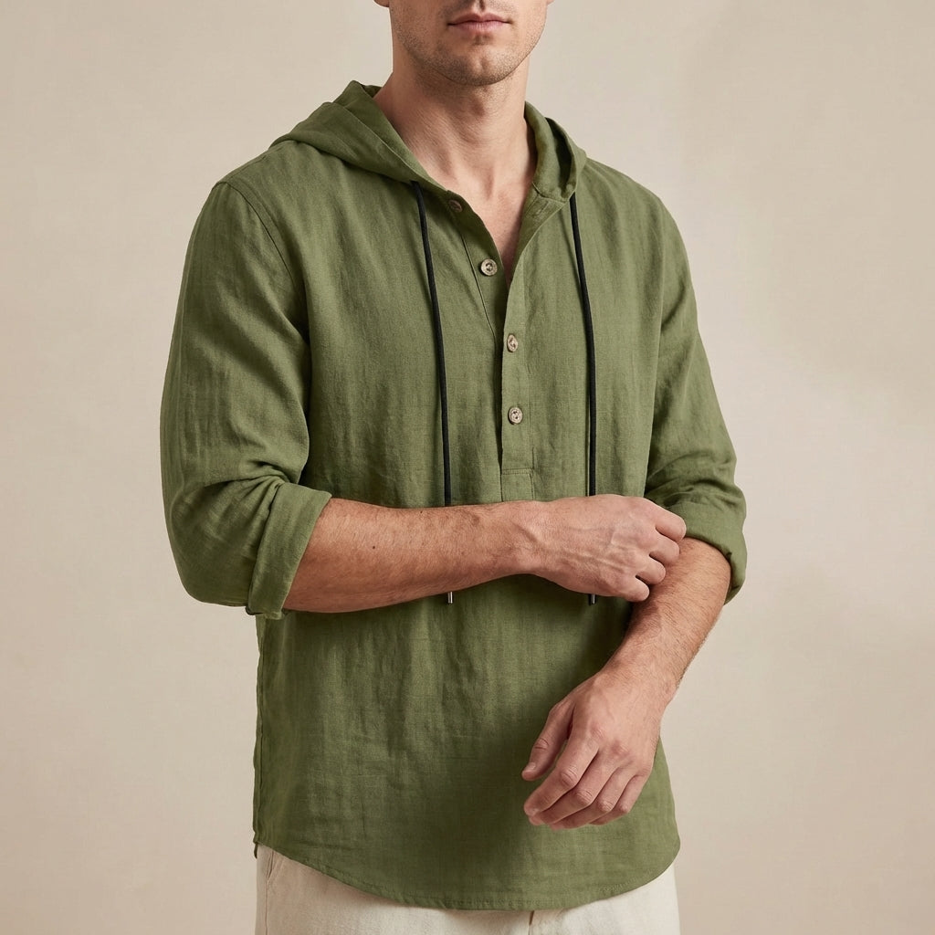 Loose Fit Hooded Henley Shirt for Men – Breathable & Comfortable