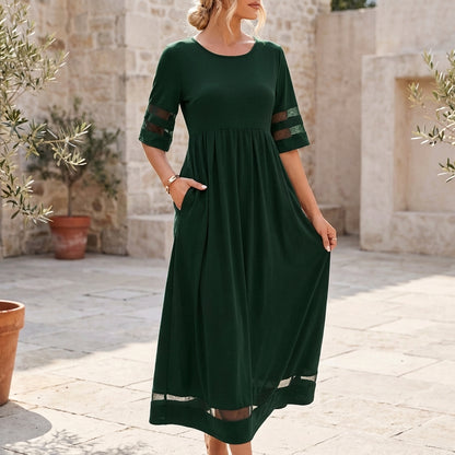 Sheer-Panel A-Line Midi Dress for Women – Elegant Semi-Formal Style