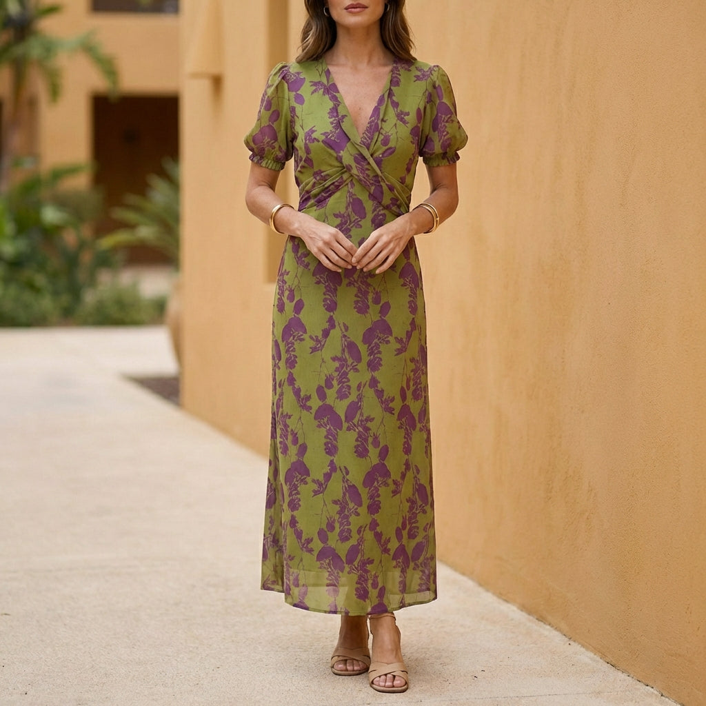 Leaf Print Pleated Midi Dress for Women – Flattering Daytime Style