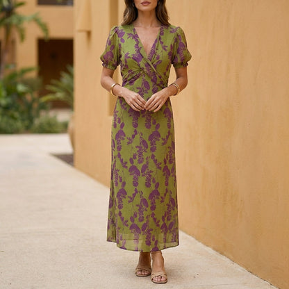 Leaf Print Pleated Midi Dress for Women – Flattering Daytime Style