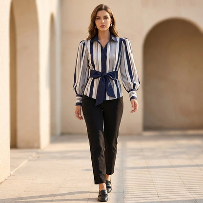Striped Puff Sleeve Button-Front Shirt for Women – Polished Smart Casual Style