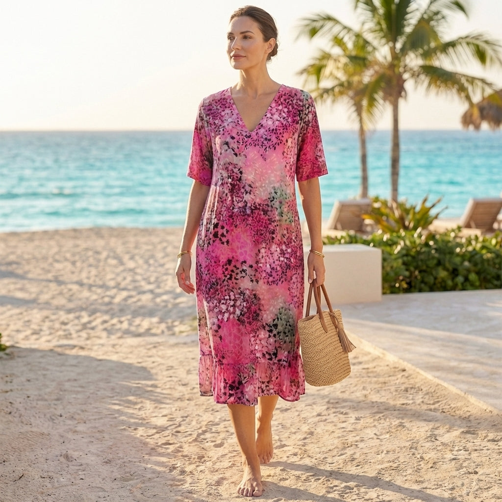 Printed V-Neck Dress for Women – Breezy Comfort & Pockets