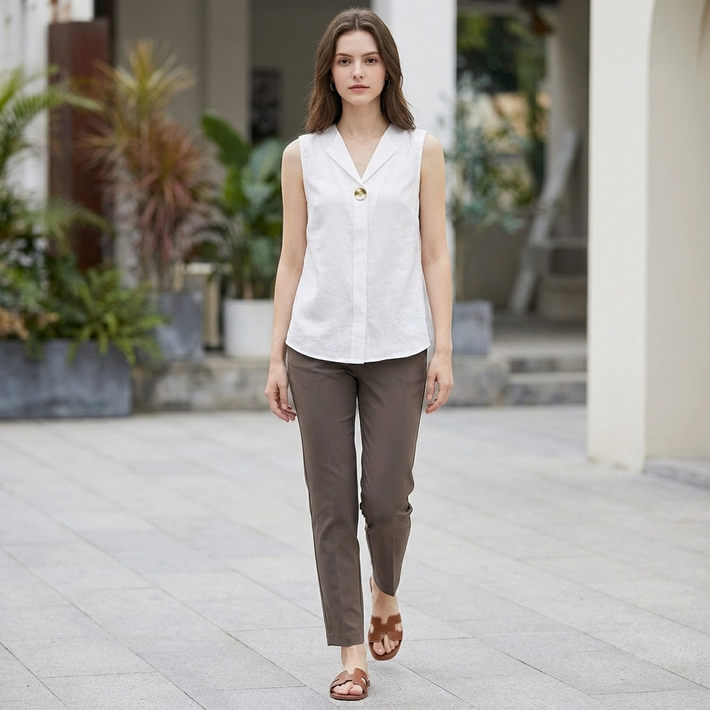 Collared V-Neck Sleeveless Blouse for Women – Breathable Everyday Comfort