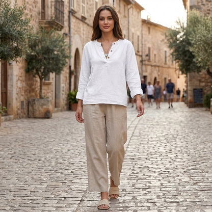 V-Neck Long Sleeve Henley Shirt for Women – Breathable Comfort & Style
