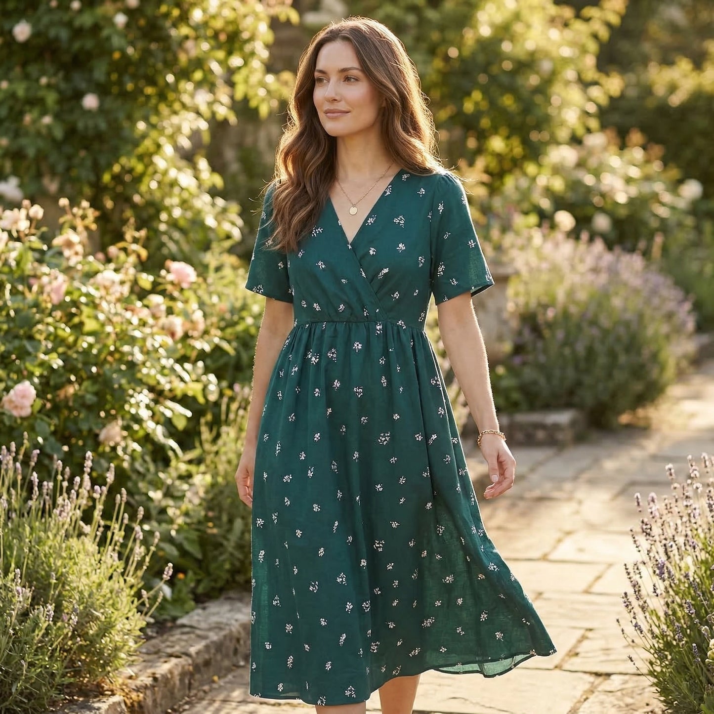 Floral Wrap Midi Dress for Women – Tie-Back A-Line Silhouette