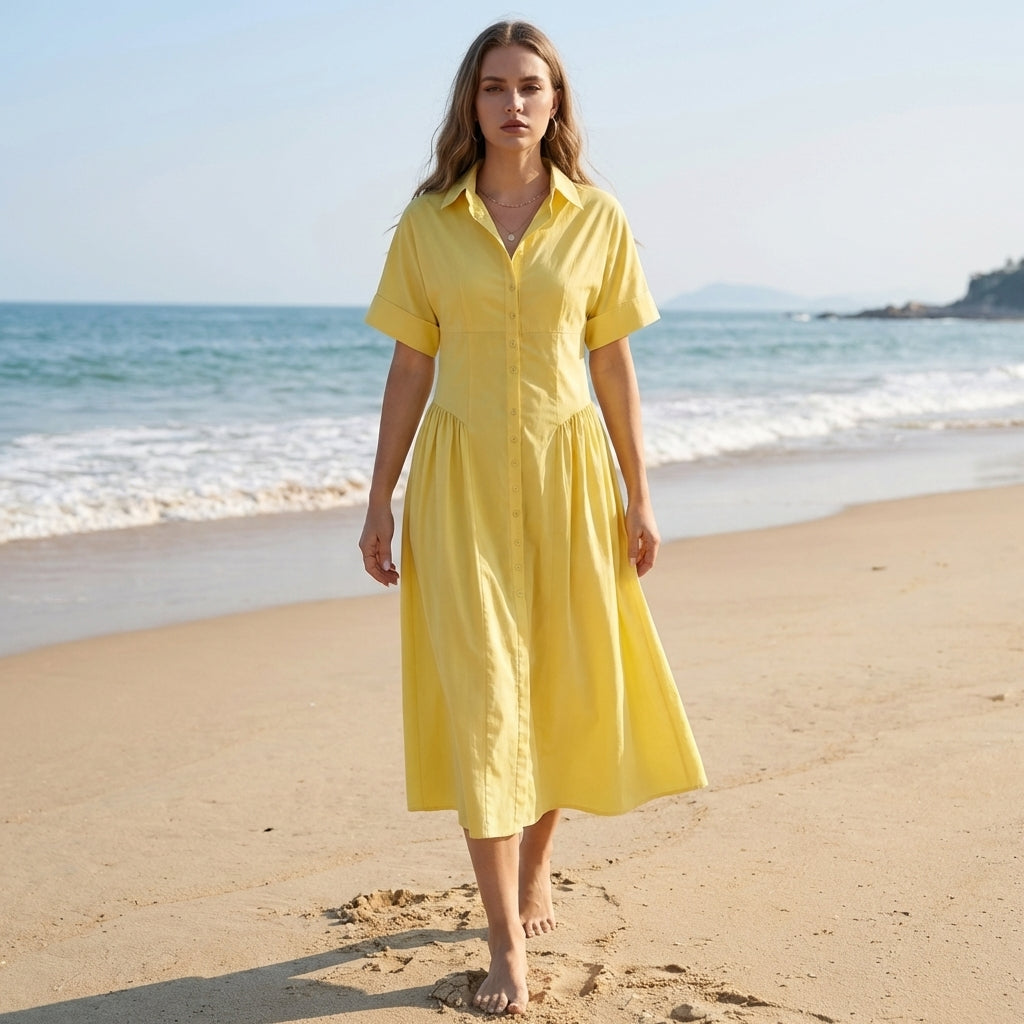 Pleated Midi Shirt Dress for Women – Effortless Style & Comfort