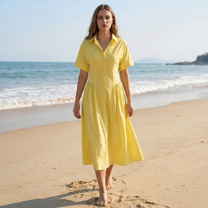 Pleated Midi Shirt Dress for Women – Effortless Style & Comfort