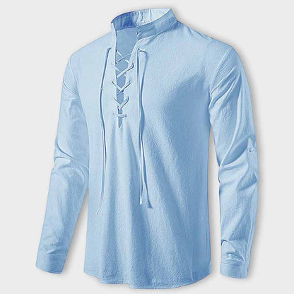 Men's Shirt – Long Sleeve with Lace Details – Mandarin Collar – Relaxed Fit