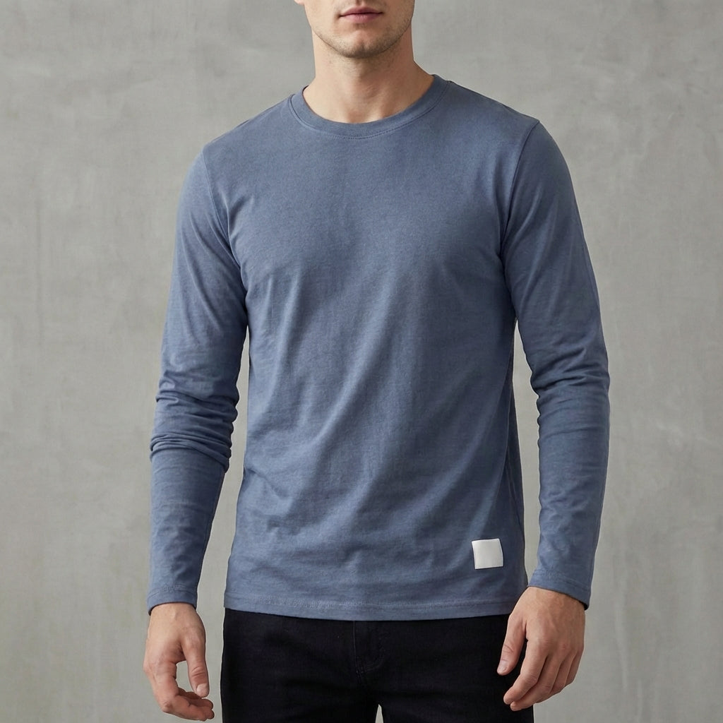 Ruched-Sleeve Crewneck Long-Sleeve T-Shirt for Men – Casual Style & Comfort