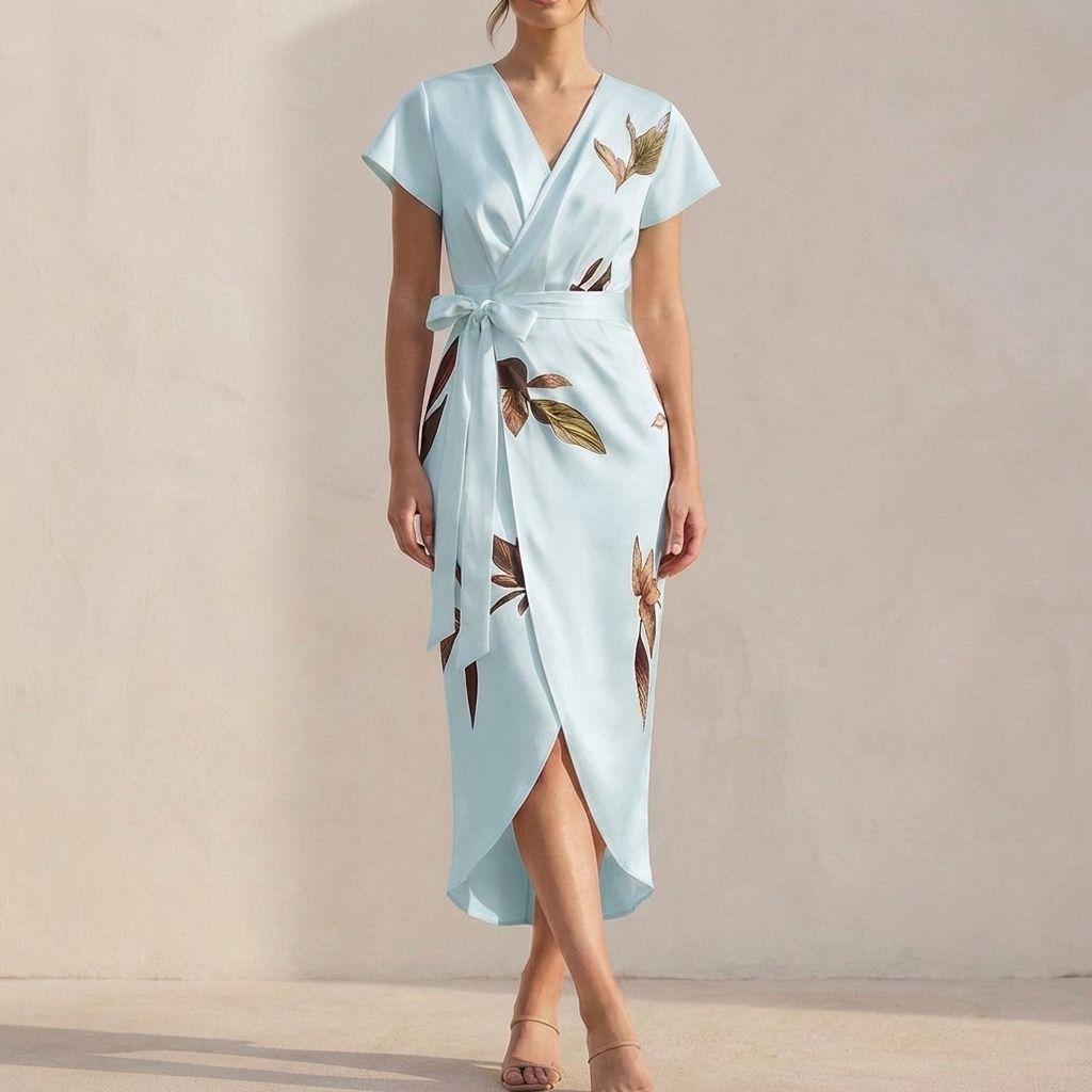 Leaf Print Belted Wrap Dress for Women – Elegant & Flattering Fit