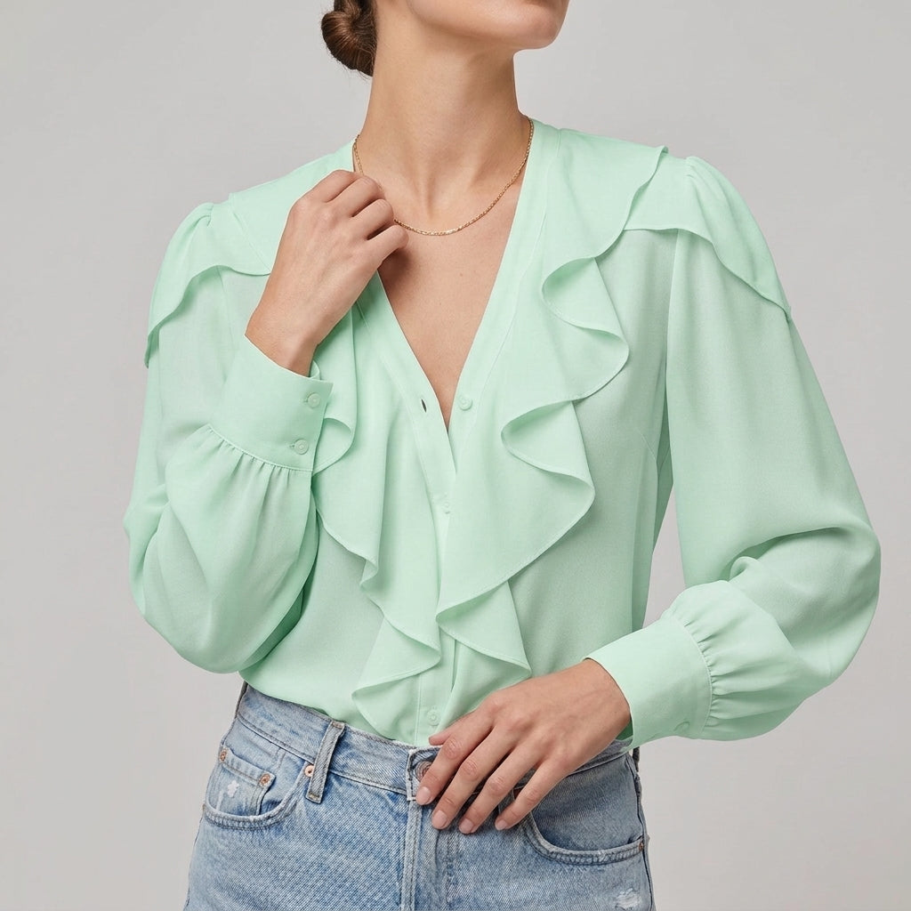 Ruffled V-Neck Blouse for Women – Versatile Style & Comfortable Fit