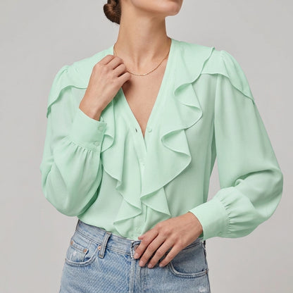 Ruffled V-Neck Blouse for Women – Versatile Style & Comfortable Fit