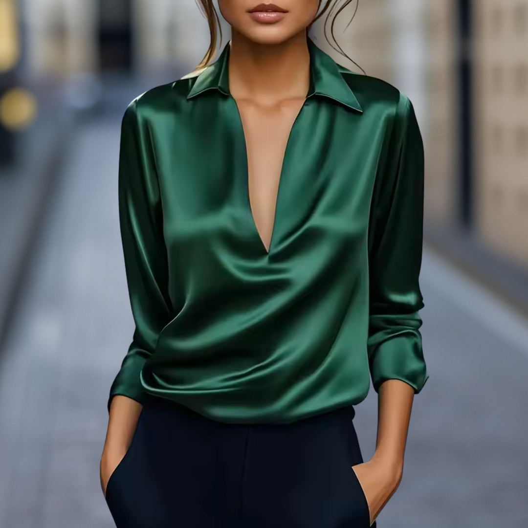 Draped Collared V-Neck Blouse for Women – Polished Business Casual Style