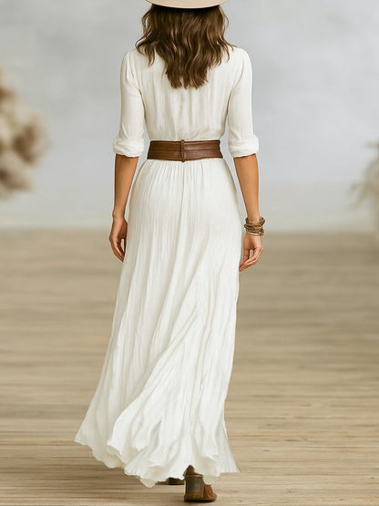 Boho Button-Front Maxi Dress with Long Sleeves – Flowy & Effortlessly Chic