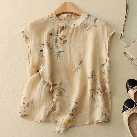Floral Mandarin Collar Sleeveless Top for Women – Vintage Style & Comfort