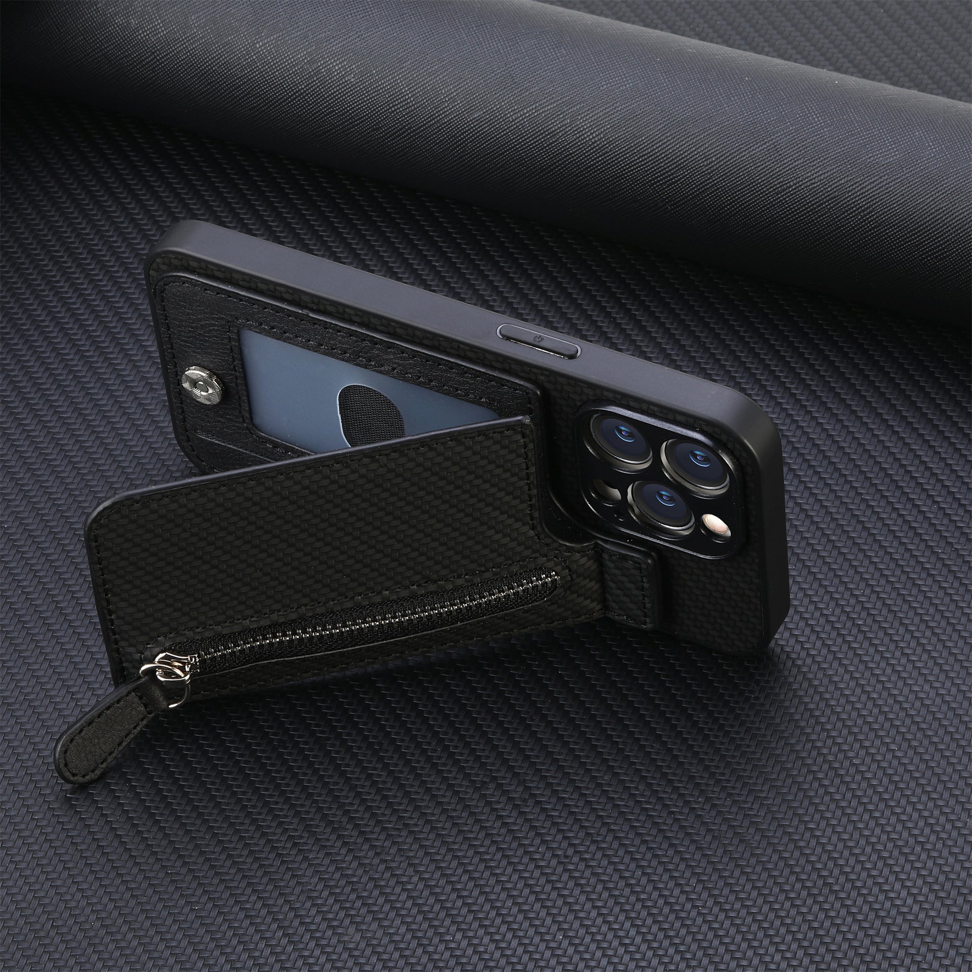 Textured Leather Phone Case With Zipper Pocket