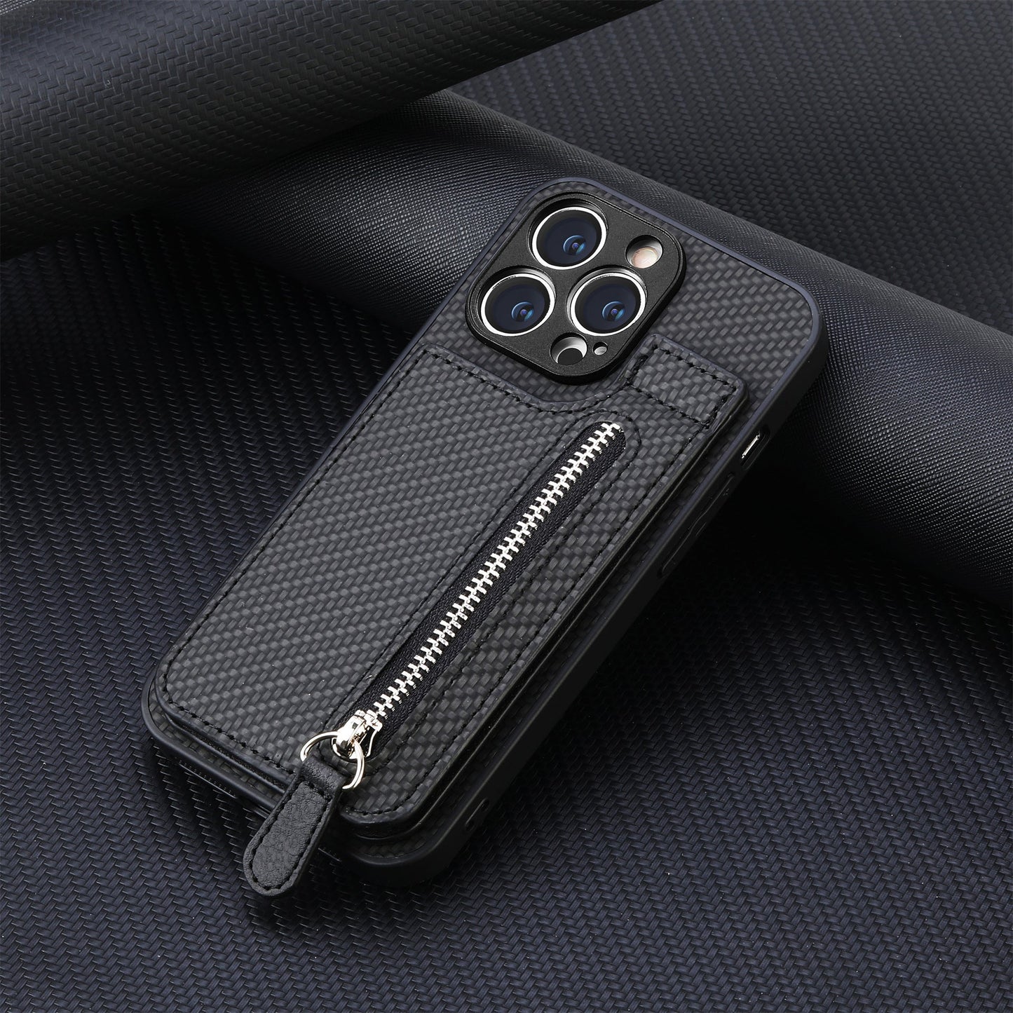 Textured Leather Phone Case With Zipper Pocket