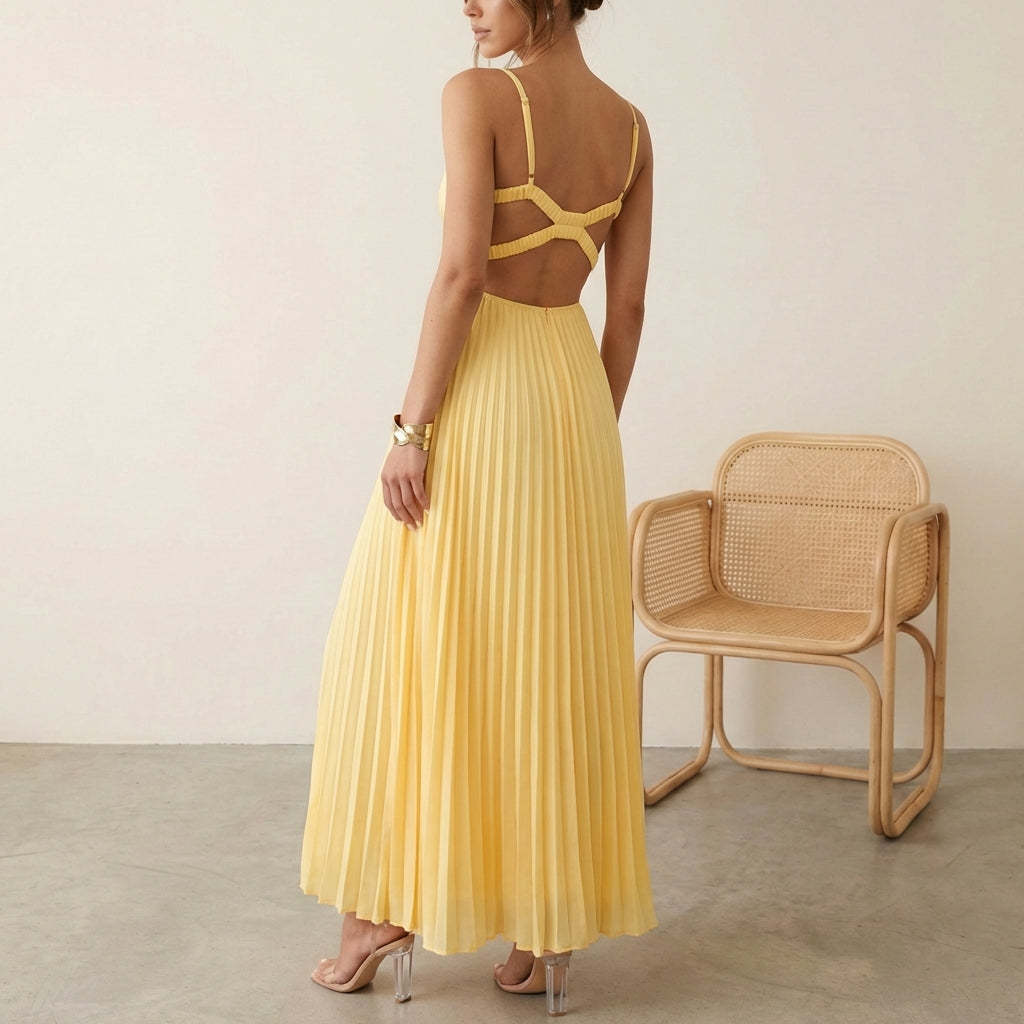 Pleated A-Line Maxi Dress for Women – Elegant & Flattering