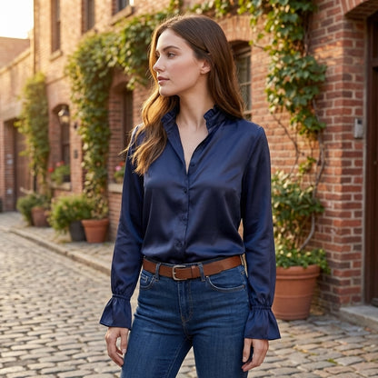 Ruffled Collar Flared Sleeve Blouse for Women – Elegant & Versatile