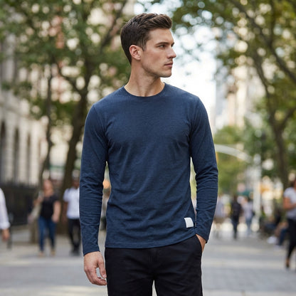 Ruched-Sleeve Crewneck Long-Sleeve T-Shirt for Men – Casual Style & Comfort
