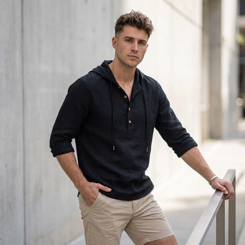 Loose Fit Hooded Henley Shirt for Men – Breathable & Comfortable