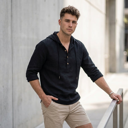 Loose Fit Hooded Henley Shirt for Men – Breathable & Comfortable